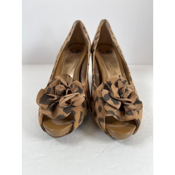 Sofft Size 8 Tan High Heeled Pump Suede Leather Printed Leopard Peep Toe Rosette - Picture 3 of 13